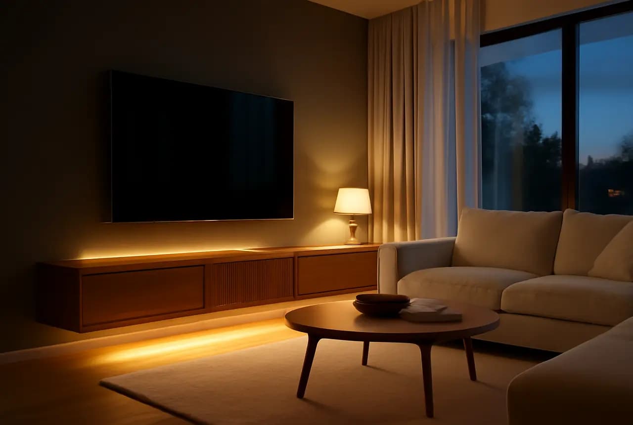Modern salon ve LED aydınlatmalı ceviz TV ünitesi